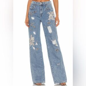 J095. Embellished Wide leg Blue Jeans